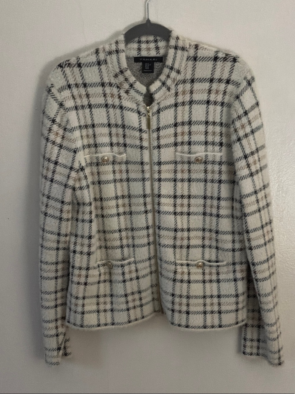 Tahari Cream Plaid Tweed Zip-Up Jacket with Gold Buttons